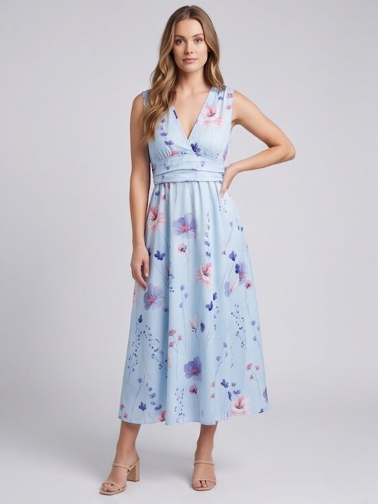 By Design Dresses & Skirts - LAST ONE 🔥 Light Blue Floral V-Neck Cinch-Waist Midi Dress